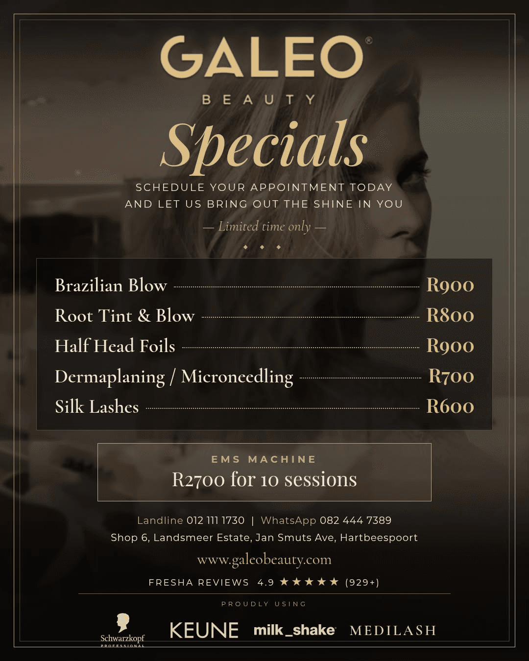 Galeo Beauty limited time specials: Brazilian blow, root tint and blow, half head foils, dermaplaning or microneedling, silk lashes and EMS 10 sessions